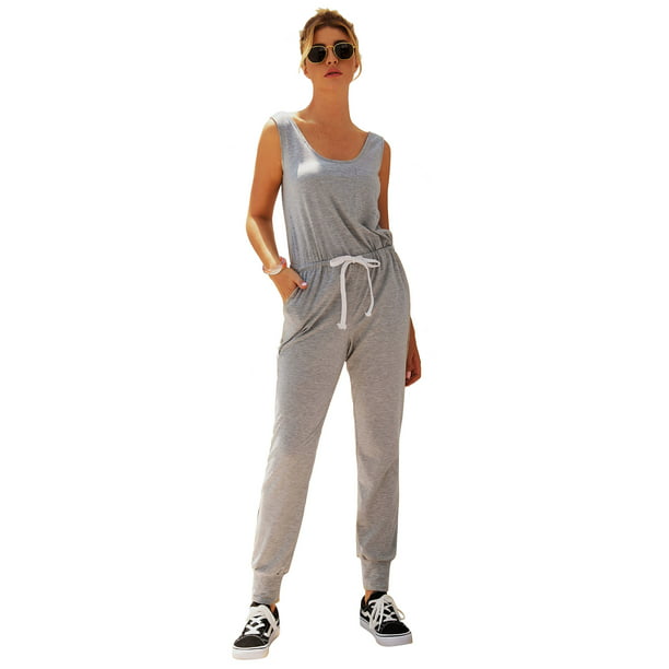 Summer Women Casual Playsuit Grey Sleeveless Sport Look Romper trouser Jumpsuit